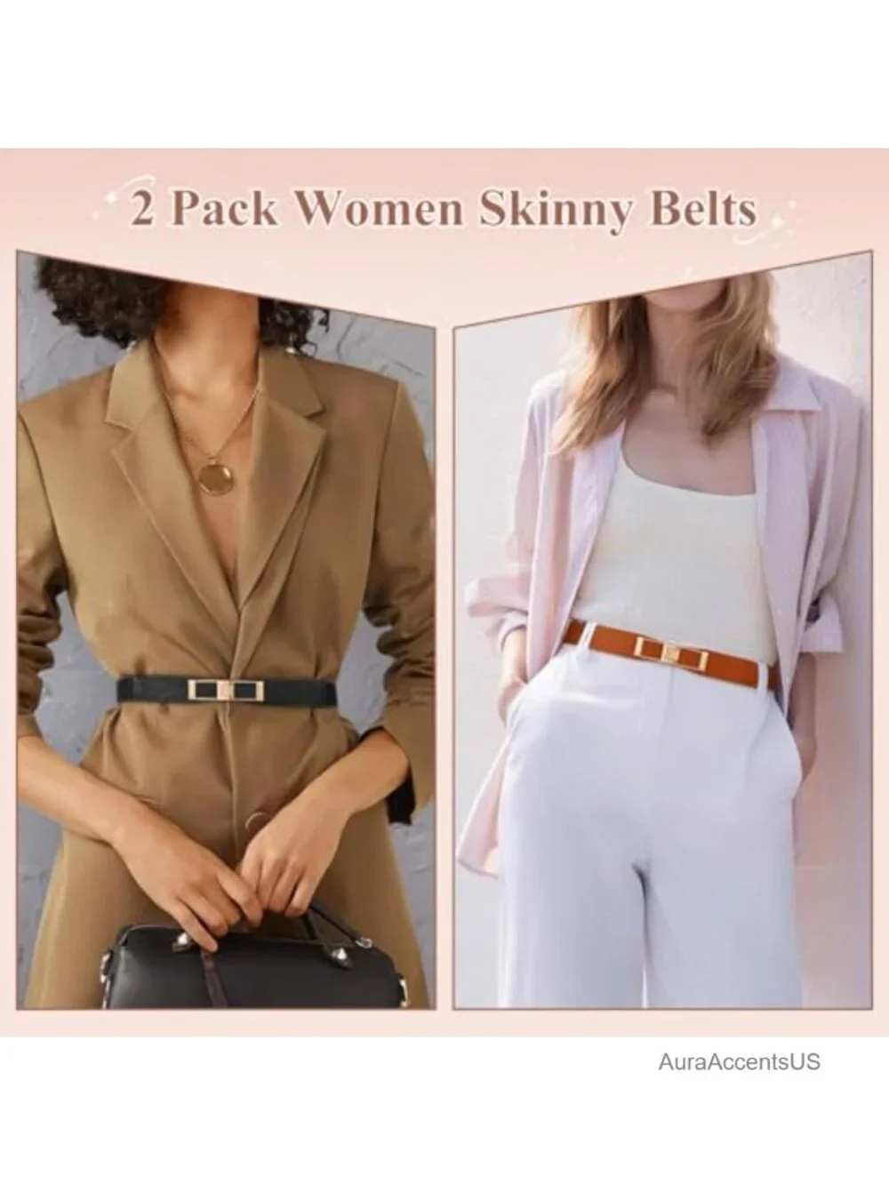2 Pack Skinny Elastic Stretch Belt with Gold Buckle for Dresses